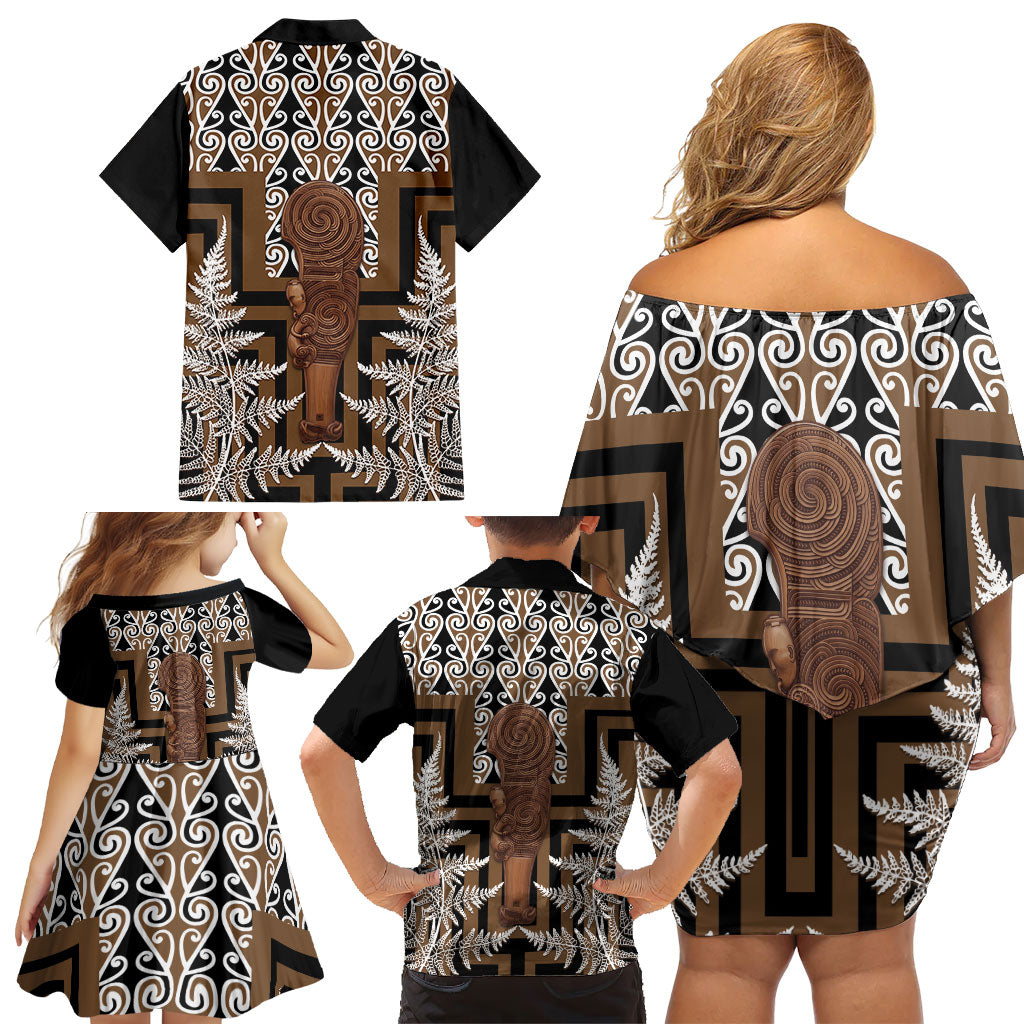 Wahaika New Zealand Family Matching Off Shoulder Short Dress and Hawaiian Shirt Maori Weapon Kowhaiwhai Fern Poutama Motifs