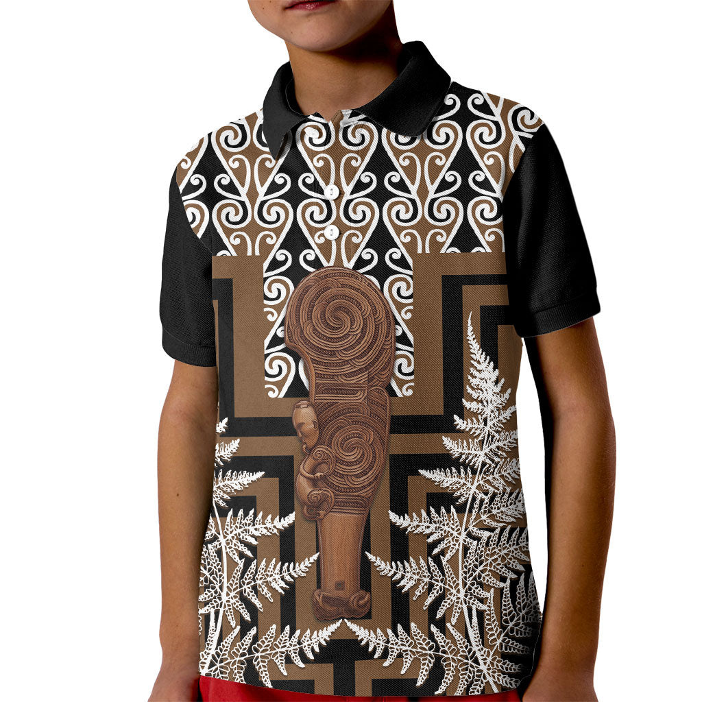 Wahaika New Zealand Kid Polo Shirt Maori Weapon Kowhaiwhai Fern Poutama Motifs LT14 Kid Brown - Polynesian Pride