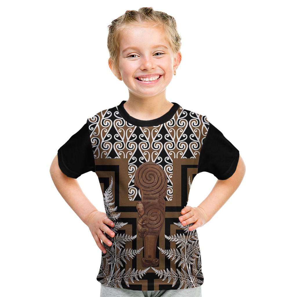 Wahaika New Zealand Kid T Shirt Maori Weapon Kowhaiwhai Fern Poutama Motifs LT14 Brown - Polynesian Pride