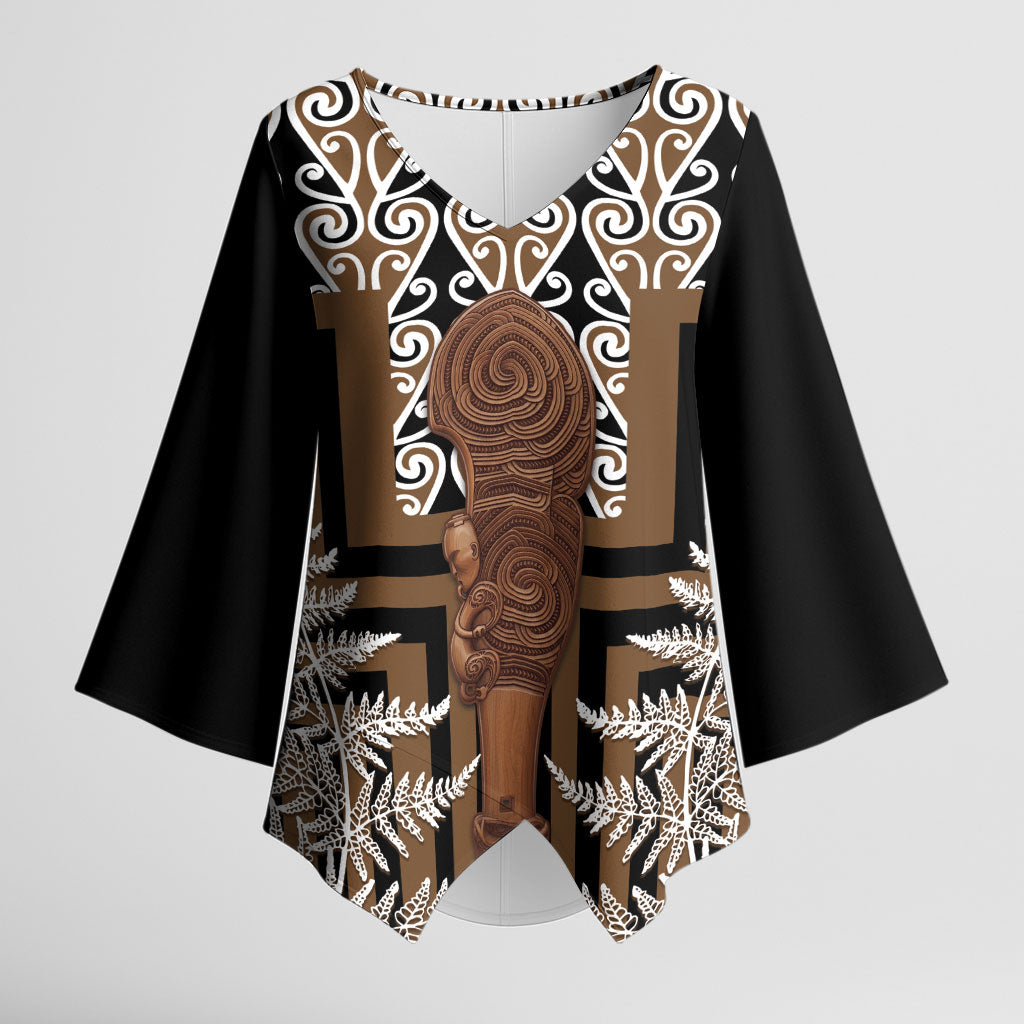 Wahaika New Zealand Kimono Sleeve Blouse Maori Weapon Kowhaiwhai Fern Poutama Motifs LT14 Female Brown - Polynesian Pride