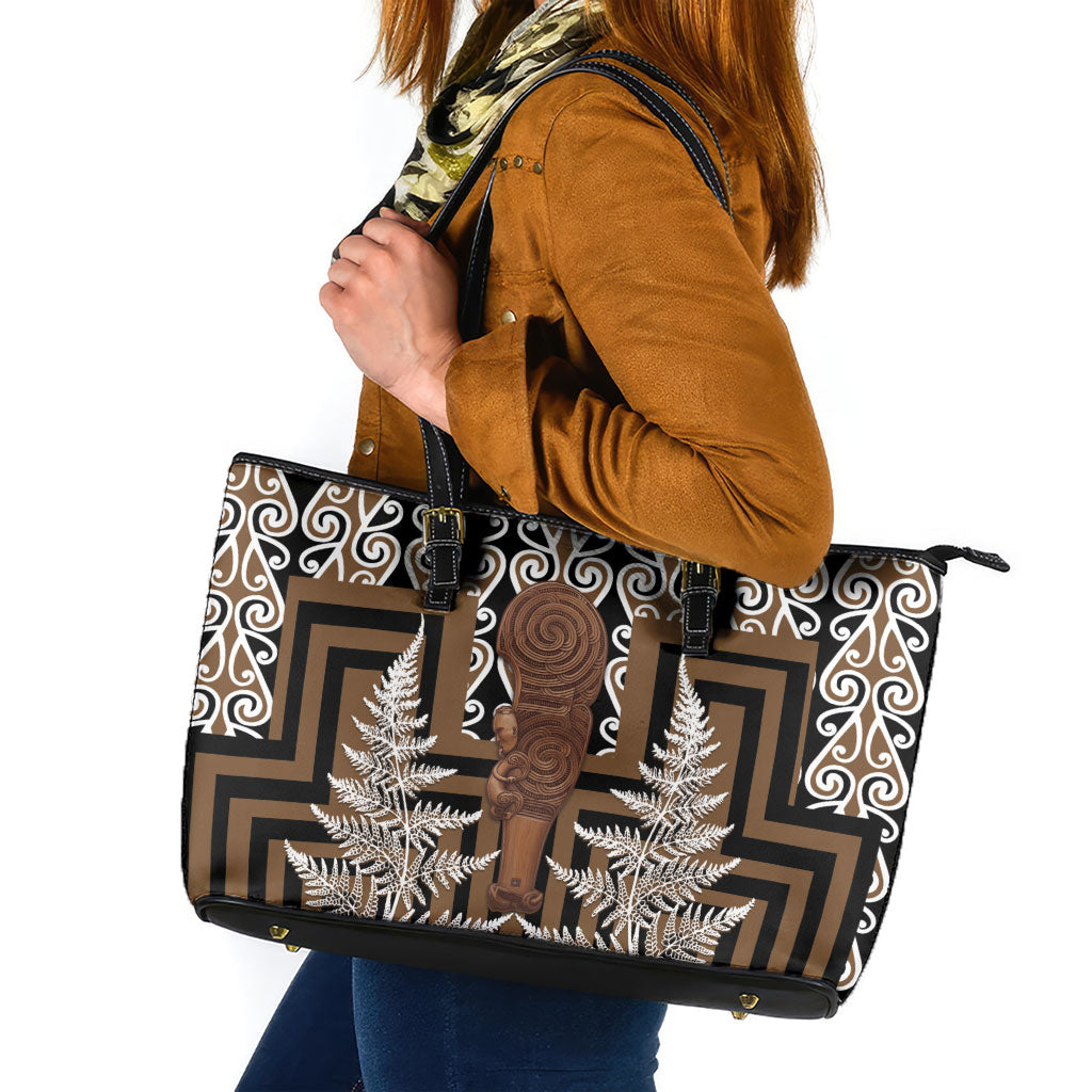Wahaika New Zealand Leather Tote Bag Maori Weapon Kowhaiwhai Fern Poutama Motifs LT14 Brown - Polynesian Pride