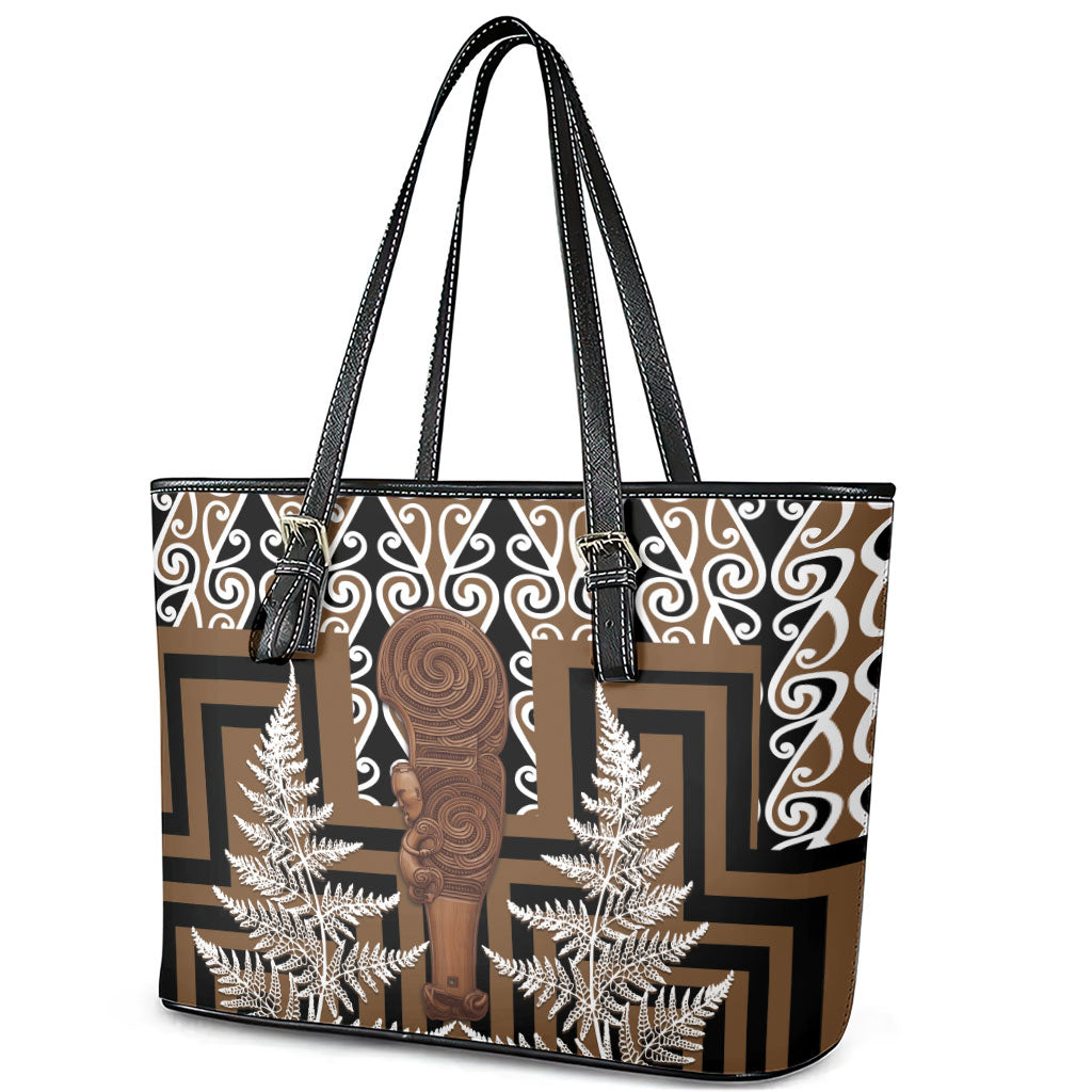 Wahaika New Zealand Leather Tote Bag Maori Weapon Kowhaiwhai Fern Poutama Motifs