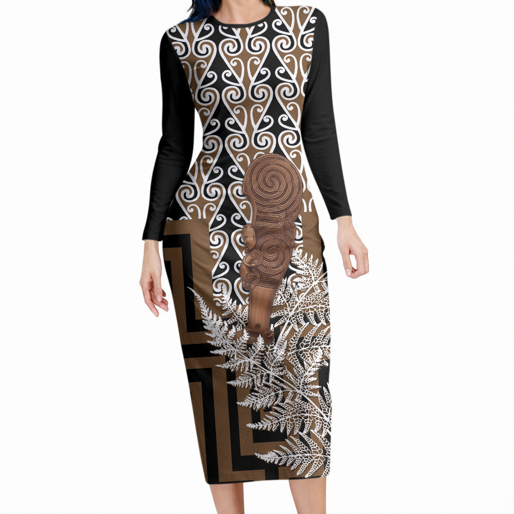 Wahaika New Zealand Long Sleeve Bodycon Dress Maori Weapon Kowhaiwhai Fern Poutama Motifs LT14 Long Dress Brown - Polynesian Pride