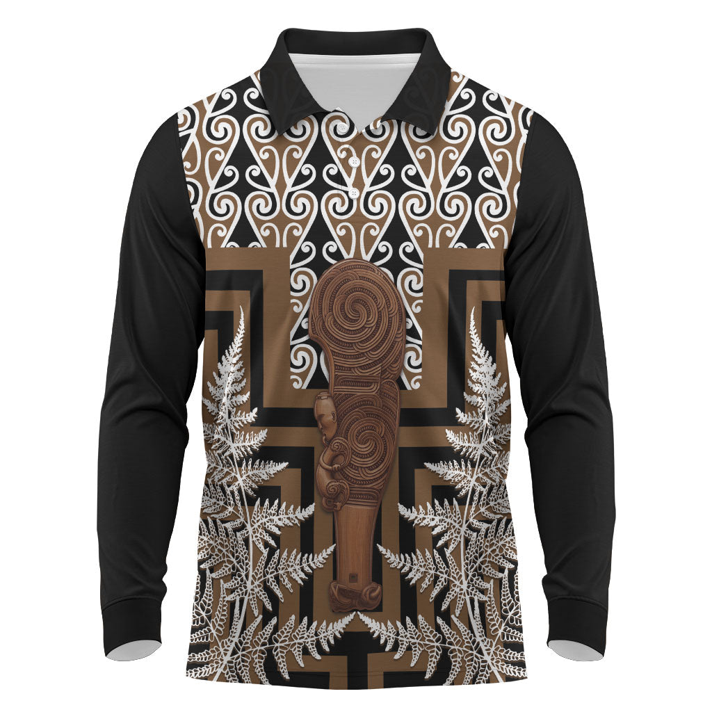 Wahaika New Zealand Long Sleeve Polo Shirt Maori Weapon Kowhaiwhai Fern Poutama Motifs LT14 Brown - Polynesian Pride