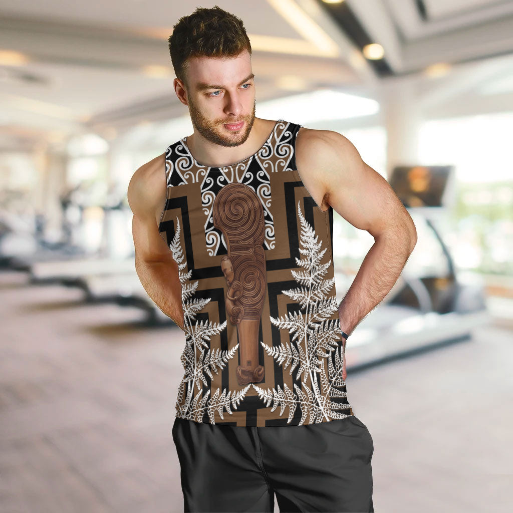 Wahaika New Zealand Men Tank Top Maori Weapon Kowhaiwhai Fern Poutama Motifs LT14 Brown - Polynesian Pride