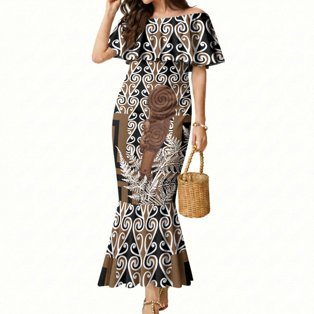 Wahaika New Zealand Mermaid Dress Maori Weapon Kowhaiwhai Fern Poutama Motifs LT14 Women Brown - Polynesian Pride