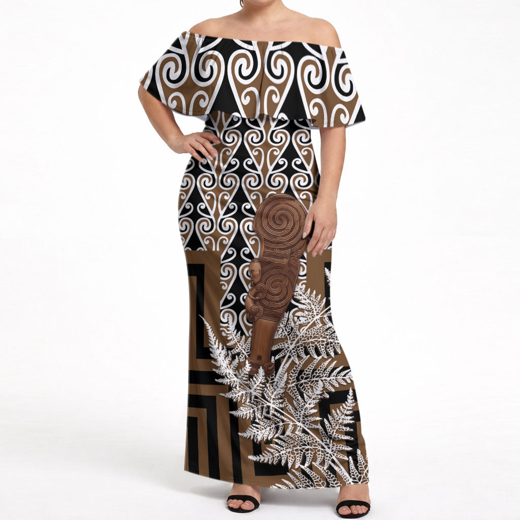 Wahaika New Zealand Off Shoulder Maxi Dress Maori Weapon Kowhaiwhai Fern Poutama Motifs LT14 Women Brown - Polynesian Pride