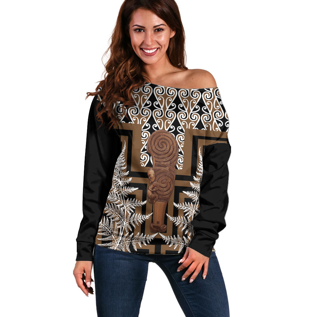Wahaika New Zealand Off Shoulder Sweater Maori Weapon Kowhaiwhai Fern Poutama Motifs LT14 Women Brown - Polynesian Pride