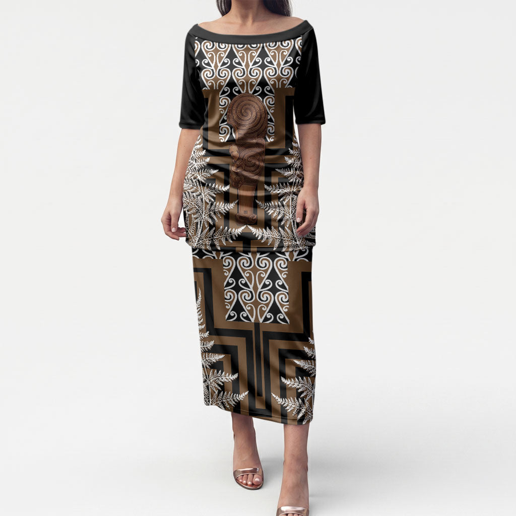 Wahaika New Zealand Puletasi Maori Weapon Kowhaiwhai Fern Poutama Motifs LT14 Long Dress Brown - Polynesian Pride