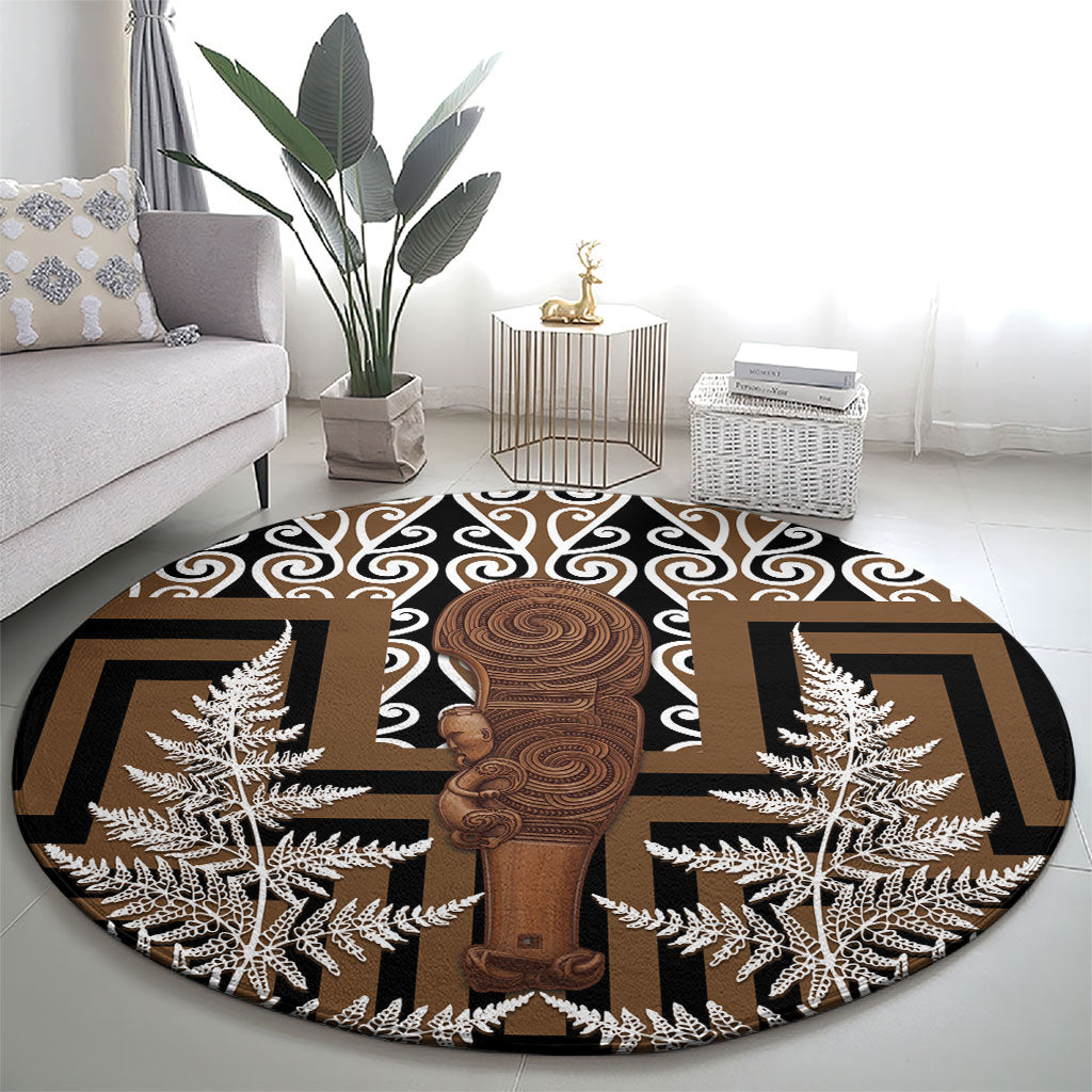 Wahaika New Zealand Round Carpet Maori Weapon Kowhaiwhai Fern Poutama Motifs