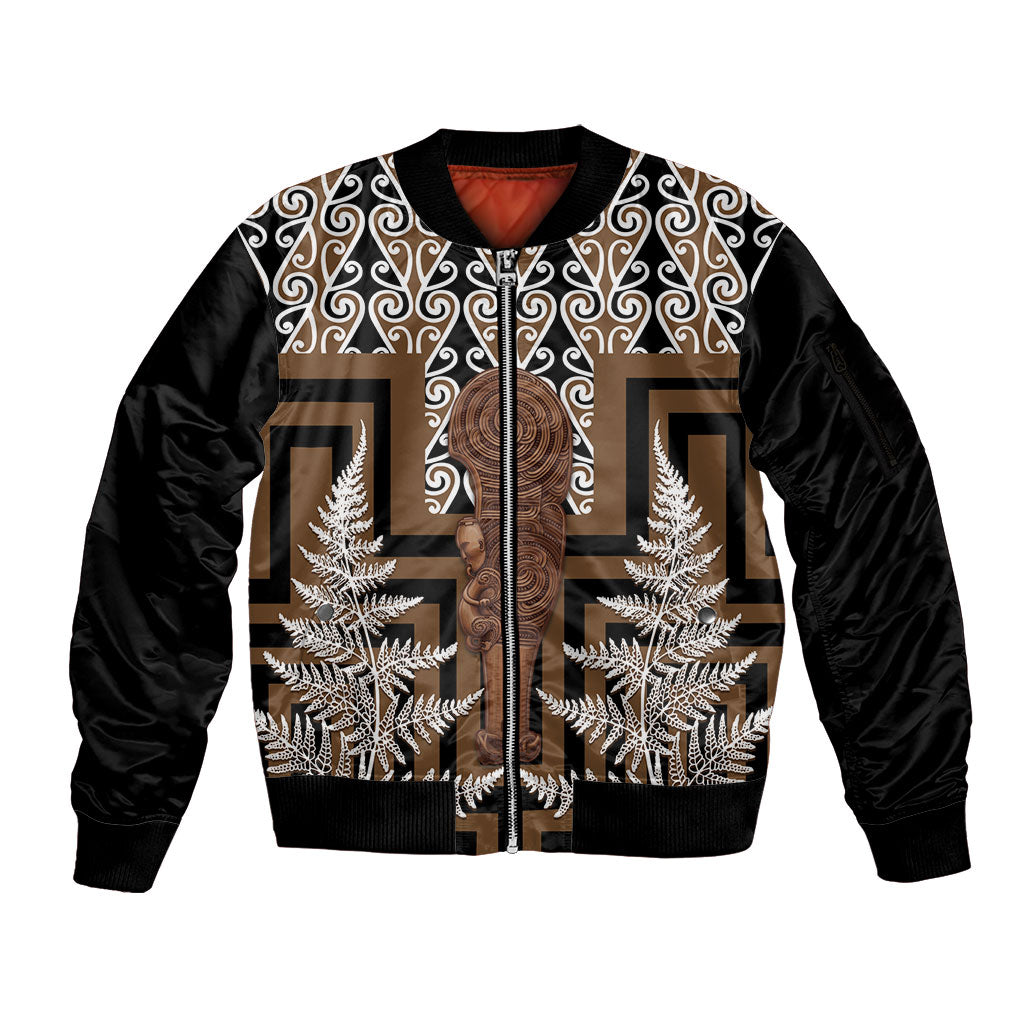 Wahaika New Zealand Sleeve Zip Bomber Jacket Maori Weapon Kowhaiwhai Fern Poutama Motifs LT14 Unisex Brown - Polynesian Pride