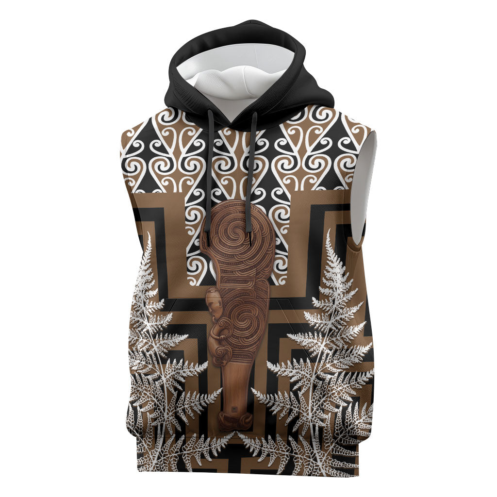 Wahaika New Zealand Sleeveless Hoodie Maori Weapon Kowhaiwhai Fern Poutama Motifs LT14 Brown - Polynesian Pride