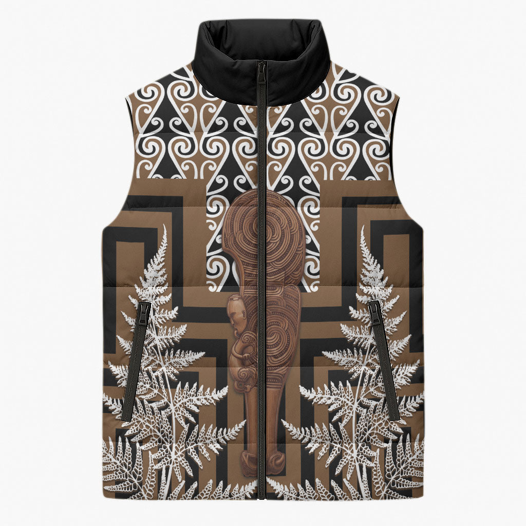 Wahaika New Zealand Sleeveless Puffer Jacket Maori Weapon Kowhaiwhai Fern Poutama Motifs LT14 Unisex Brown - Polynesian Pride