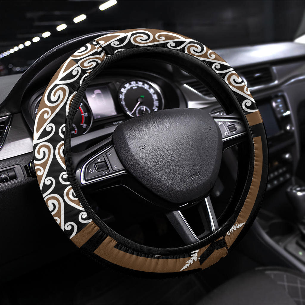 Wahaika New Zealand Steering Wheel Cover Maori Weapon Kowhaiwhai Fern Poutama Motifs LT14 Universal Fit Brown - Polynesian Pride