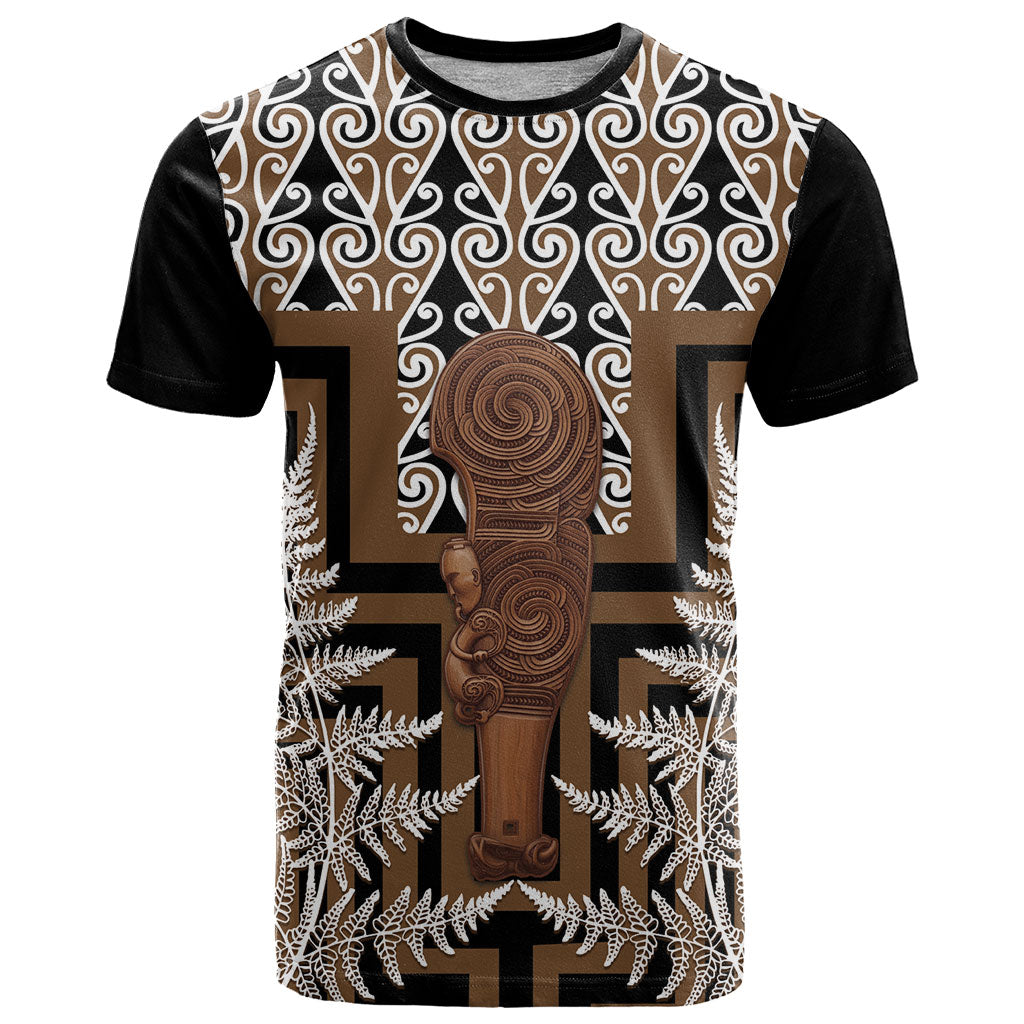 Wahaika New Zealand T Shirt Maori Weapon Kowhaiwhai Fern Poutama Motifs LT14 Brown - Polynesian Pride