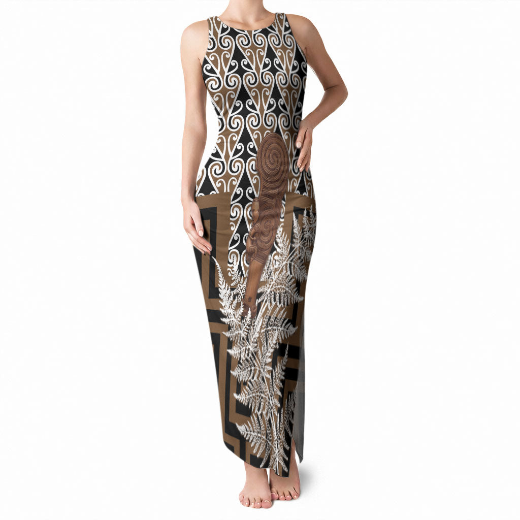 Wahaika New Zealand Tank Maxi Dress Maori Weapon Kowhaiwhai Fern Poutama Motifs LT14 Women Brown - Polynesian Pride
