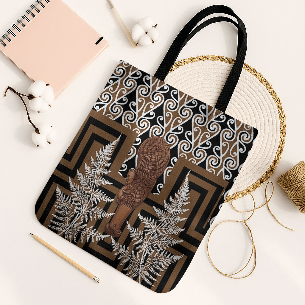 Wahaika New Zealand Tote Bag Maori Weapon Kowhaiwhai Fern Poutama Motifs LT14 Black Strap One Size Brown - Polynesian Pride