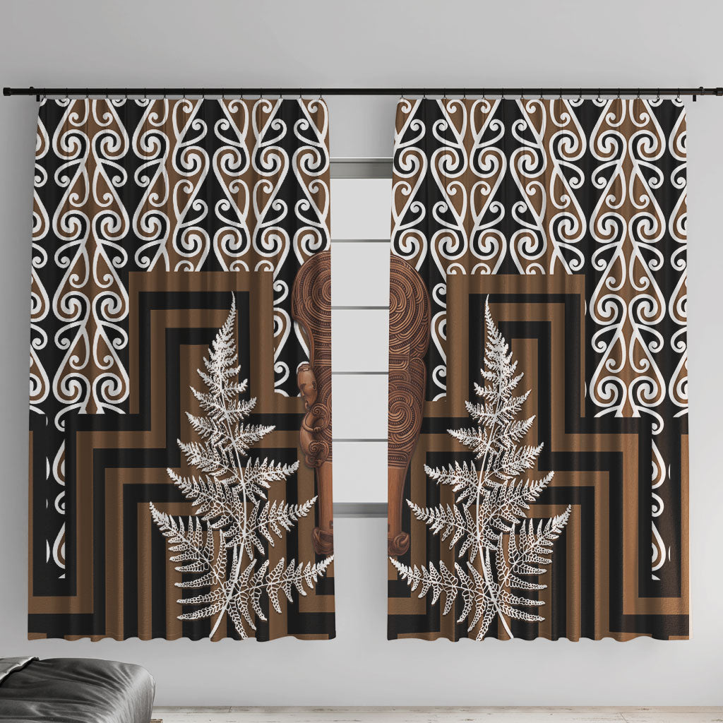 Wahaika New Zealand Window Curtain Maori Weapon Kowhaiwhai Fern Poutama Motifs LT14 With Hooks Brown - Polynesian Pride