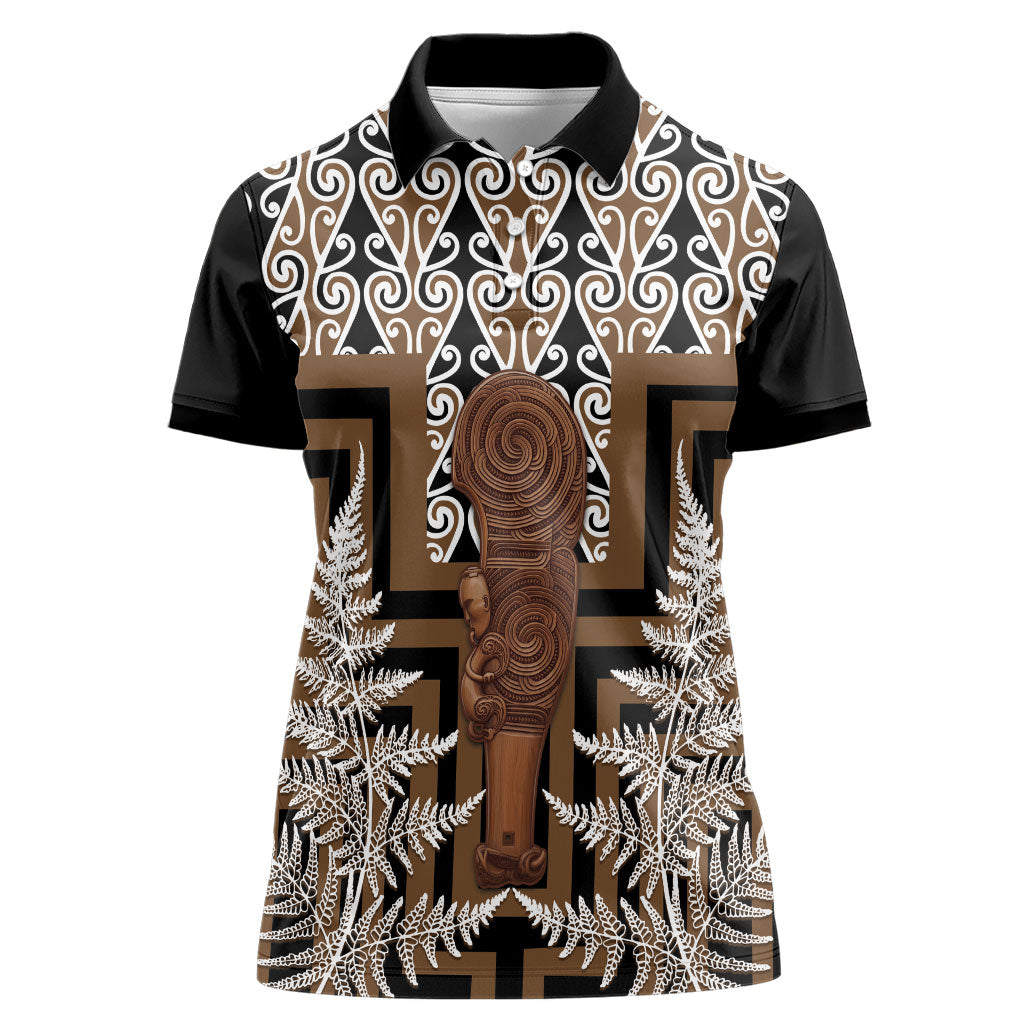 Wahaika New Zealand Women Polo Shirt Maori Weapon Kowhaiwhai Fern Poutama Motifs LT14 Female Brown - Polynesian Pride