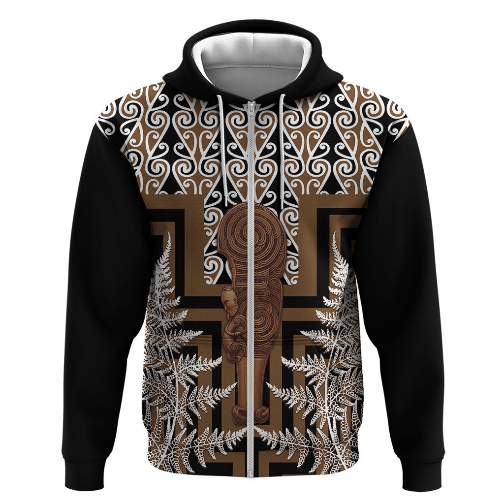 Wahaika New Zealand Zip Hoodie Maori Weapon Kowhaiwhai Fern Poutama Motifs LT14 Zip Hoodie Brown - Polynesian Pride