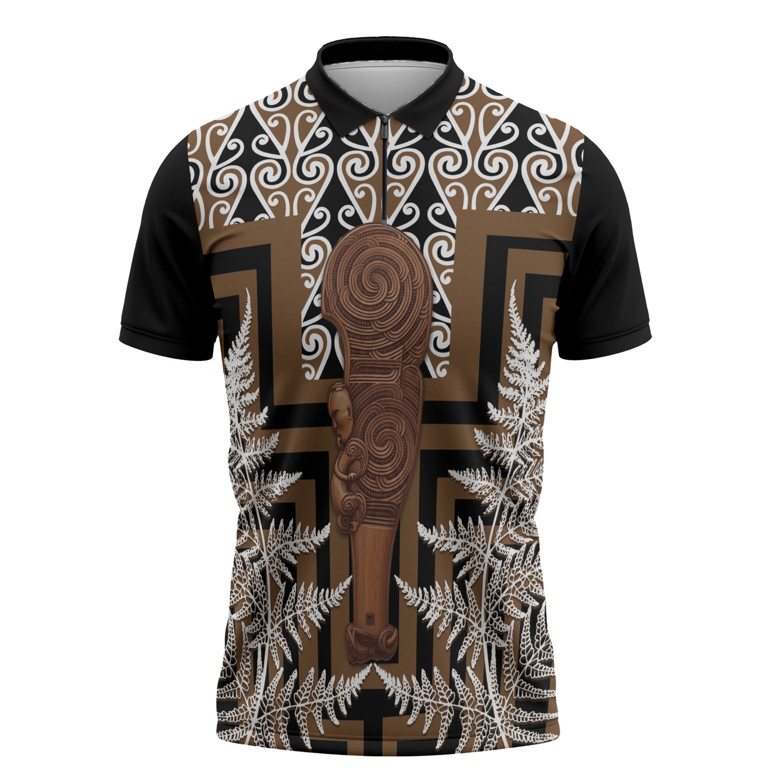 Wahaika New Zealand Zipper Polo Shirt Maori Weapon Kowhaiwhai Fern Poutama Motifs LT14 Brown - Polynesian Pride
