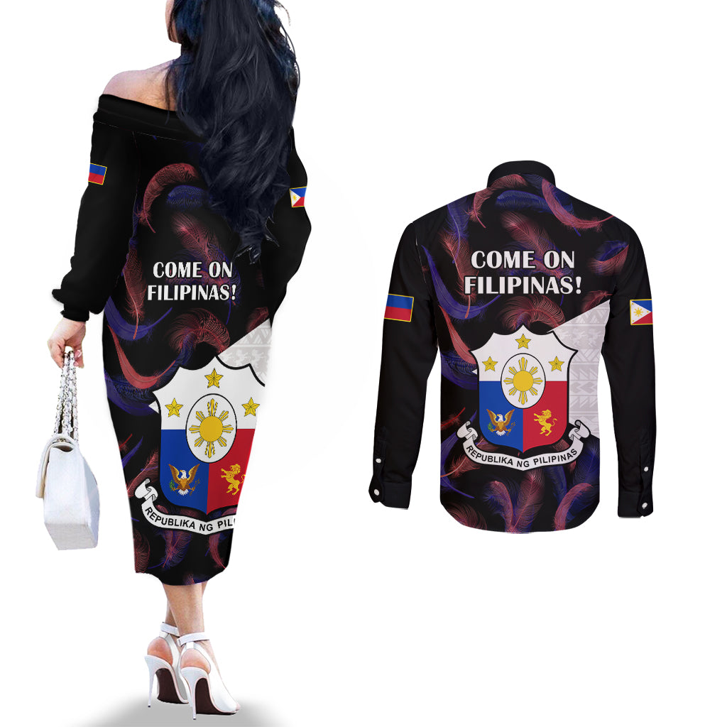 Philippines Football Couples Matching Off The Shoulder Long Sleeve Dress and Long Sleeve Button Shirts 2023 World Cup Go Filipinas Feather Black Version LT14 - Polynesian Pride