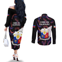 Philippines Football Couples Matching Off The Shoulder Long Sleeve Dress and Long Sleeve Button Shirts 2023 World Cup Go Filipinas Feather Black Version LT14 - Polynesian Pride