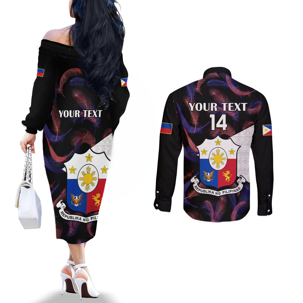 Custom Philippines Football Couples Matching Off The Shoulder Long Sleeve Dress and Long Sleeve Button Shirts 2023 World Cup Go Filipinas Feather Black Version LT14 - Polynesian Pride