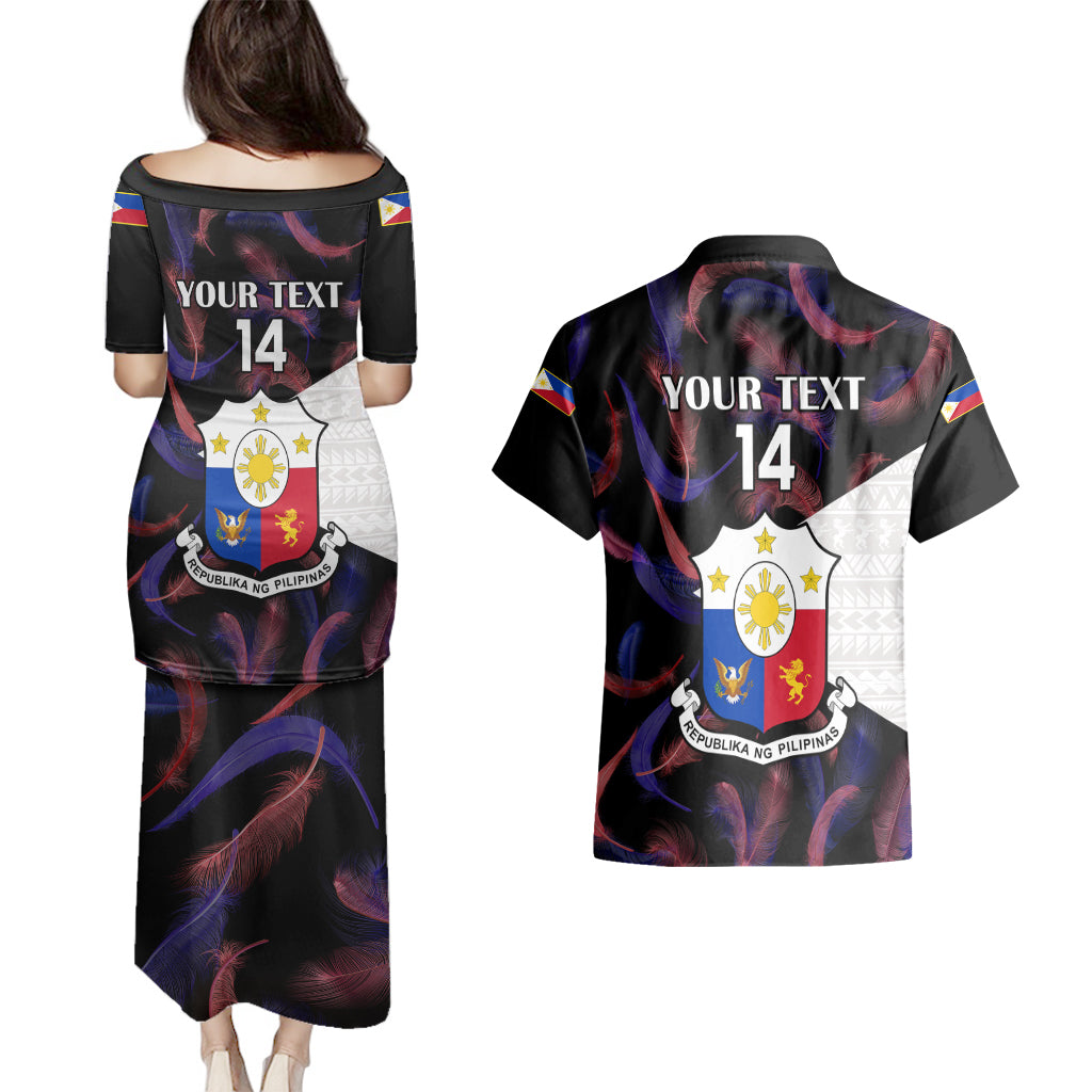 Custom Philippines Football Couples Matching Puletasi Dress and Hawaiian Shirt 2023 World Cup Go Filipinas Feather Black Version LT14 - Polynesian Pride