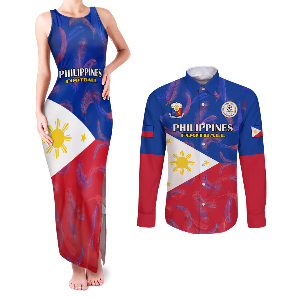 Custom Philippines Football Couples Matching Tank Maxi Dress and Long Sleeve Button Shirts 2023 World Cup Go Filipinas Feather Flag Version LT14 Blue - Polynesian Pride
