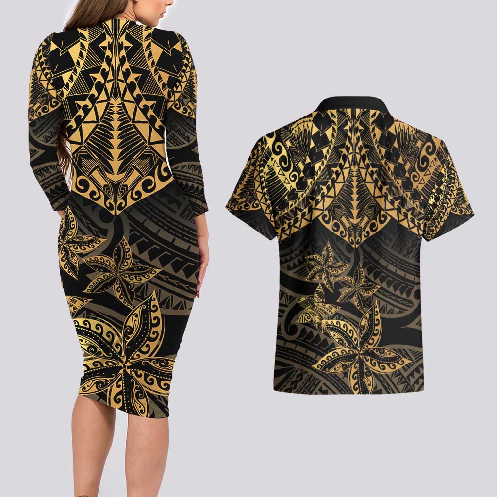 Black and Gold Polynesia Couples Matching Long Sleeve Bodycon Dress and Hawaiian Shirt Plumeria Tattoo With Polynesian Pattern LT14 - Polynesian Pride
