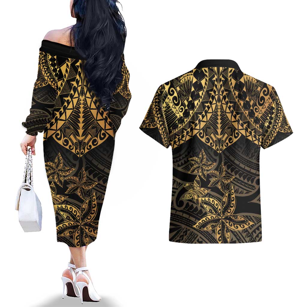 Black and Gold Polynesia Couples Matching Off The Shoulder Long Sleeve Dress and Hawaiian Shirt Plumeria Tattoo With Polynesian Pattern LT14 - Polynesian Pride