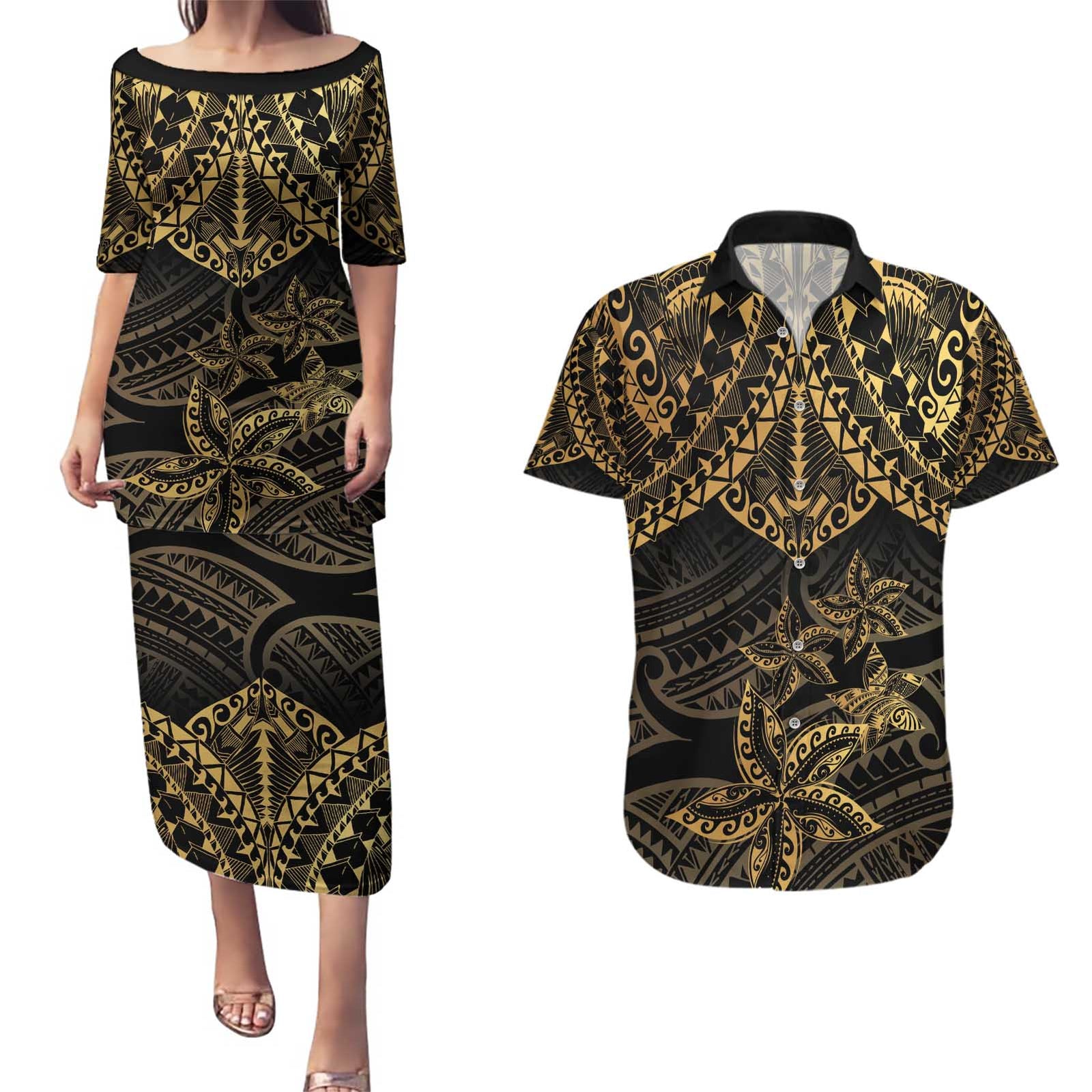 Black and Gold Polynesia Couples Matching Puletasi and Hawaiian Shirt Plumeria Tattoo With Polynesian Pattern
