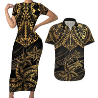 Black and Gold Polynesia Couples Matching Short Sleeve Bodycon Dress and Hawaiian Shirt Plumeria Tattoo With Polynesian Pattern LT14 Black - Polynesian Pride