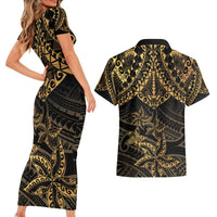 Black and Gold Polynesia Couples Matching Short Sleeve Bodycon Dress and Hawaiian Shirt Plumeria Tattoo With Polynesian Pattern LT14 - Polynesian Pride