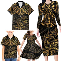 Black and Gold Polynesia Family Matching Long Sleeve Bodycon Dress and Hawaiian Shirt Plumeria Tattoo With Polynesian Pattern LT14 - Polynesian Pride