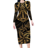 Black and Gold Polynesia Family Matching Long Sleeve Bodycon Dress and Hawaiian Shirt Plumeria Tattoo With Polynesian Pattern LT14 Mom's Dress Black - Polynesian Pride