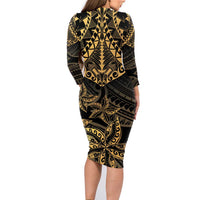Black and Gold Polynesia Family Matching Long Sleeve Bodycon Dress and Hawaiian Shirt Plumeria Tattoo With Polynesian Pattern LT14 - Polynesian Pride