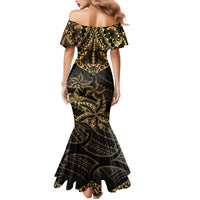Black and Gold Polynesia Family Matching Mermaid Dress and Hawaiian Shirt Plumeria Tattoo With Polynesian Pattern LT14 - Polynesian Pride