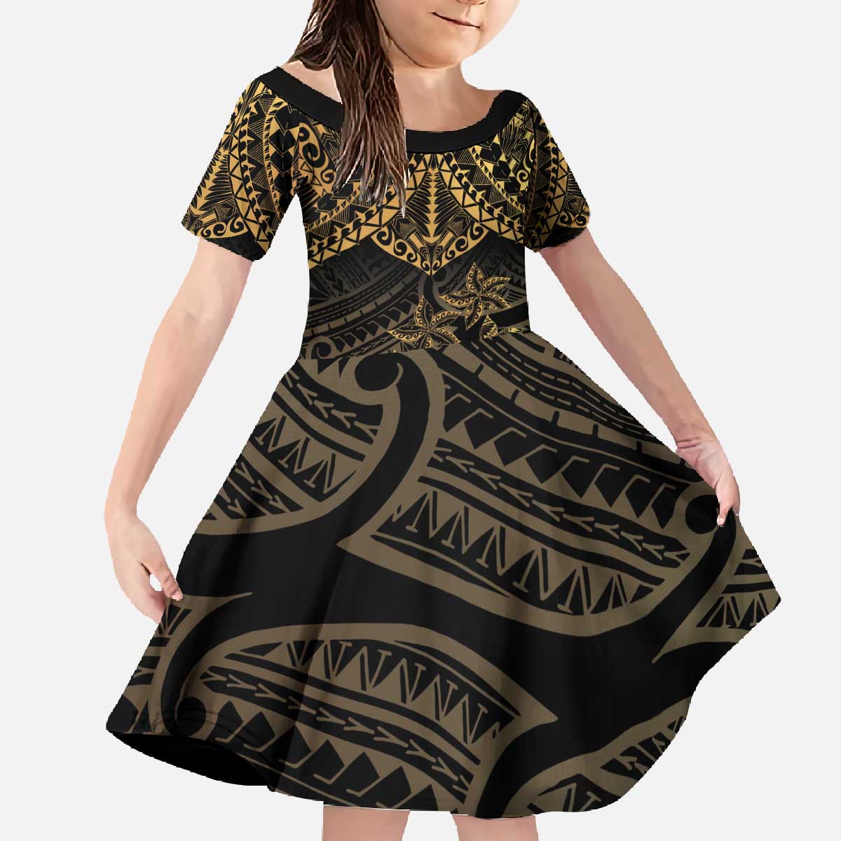 Black and Gold Polynesia Family Matching Off The Shoulder Long Sleeve Dress and Hawaiian Shirt Plumeria Tattoo With Polynesian Pattern LT14 Daughter's Dress Black - Polynesian Pride