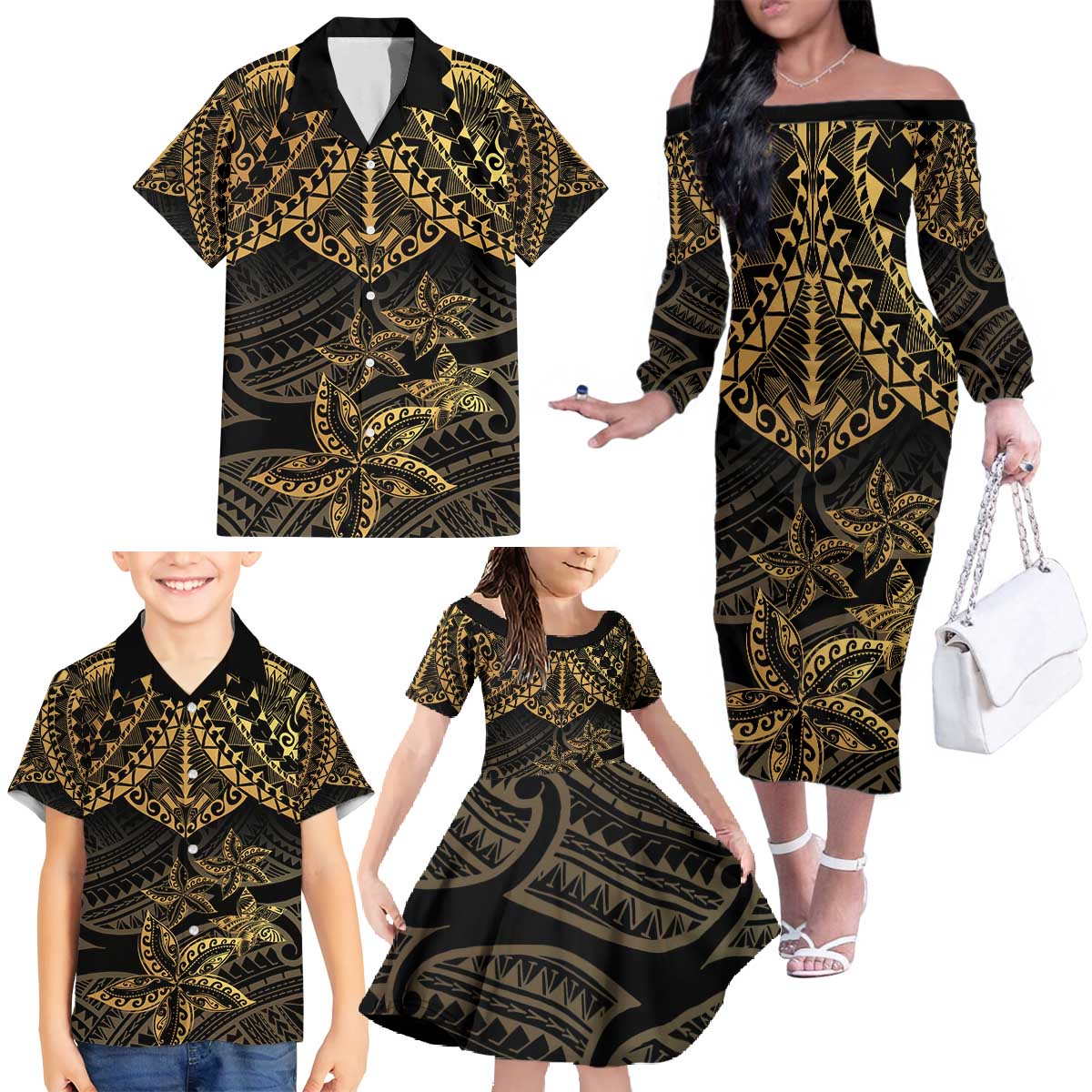 Black and Gold Polynesia Family Matching Off The Shoulder Long Sleeve Dress and Hawaiian Shirt Plumeria Tattoo With Polynesian Pattern LT14 - Polynesian Pride