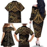 Black and Gold Polynesia Family Matching Off The Shoulder Long Sleeve Dress and Hawaiian Shirt Plumeria Tattoo With Polynesian Pattern LT14 - Polynesian Pride