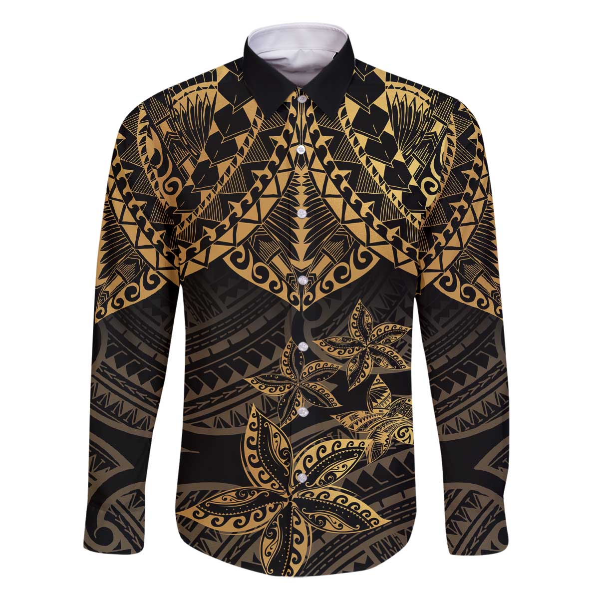 Black and Gold Polynesia Family Matching Off The Shoulder Long Sleeve Dress and Hawaiian Shirt Plumeria Tattoo With Polynesian Pattern LT14 Dad's Shirt - Long Sleeve Black - Polynesian Pride