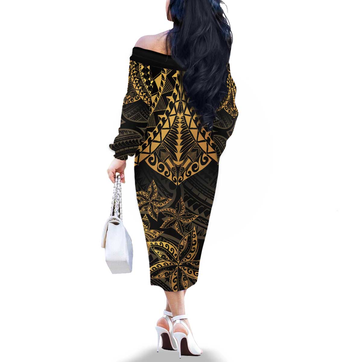 Black and Gold Polynesia Family Matching Off The Shoulder Long Sleeve Dress and Hawaiian Shirt Plumeria Tattoo With Polynesian Pattern LT14 - Polynesian Pride