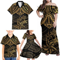 Black and Gold Polynesia Family Matching Off Shoulder Maxi Dress and Hawaiian Shirt Plumeria Tattoo With Polynesian Pattern LT14 - Polynesian Pride