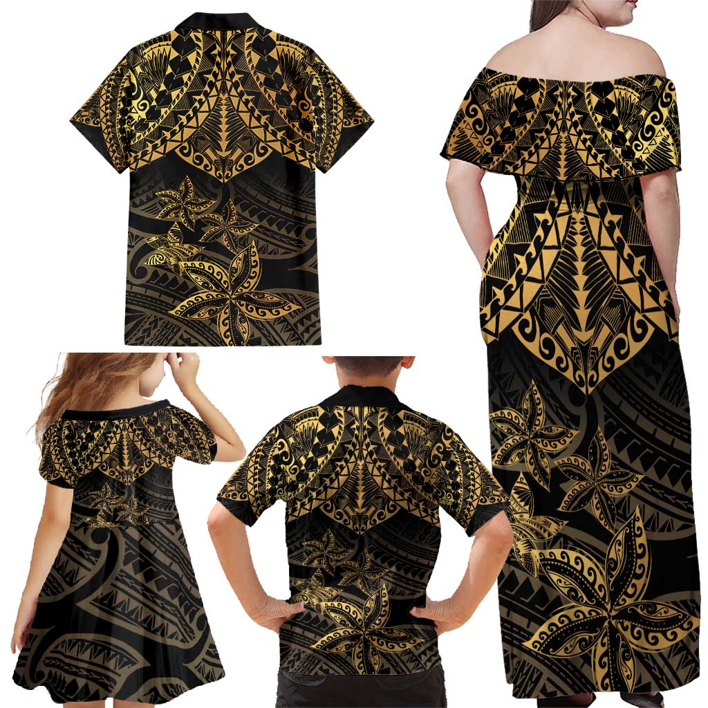 Black and Gold Polynesia Family Matching Off Shoulder Maxi Dress and Hawaiian Shirt Plumeria Tattoo With Polynesian Pattern LT14 - Polynesian Pride