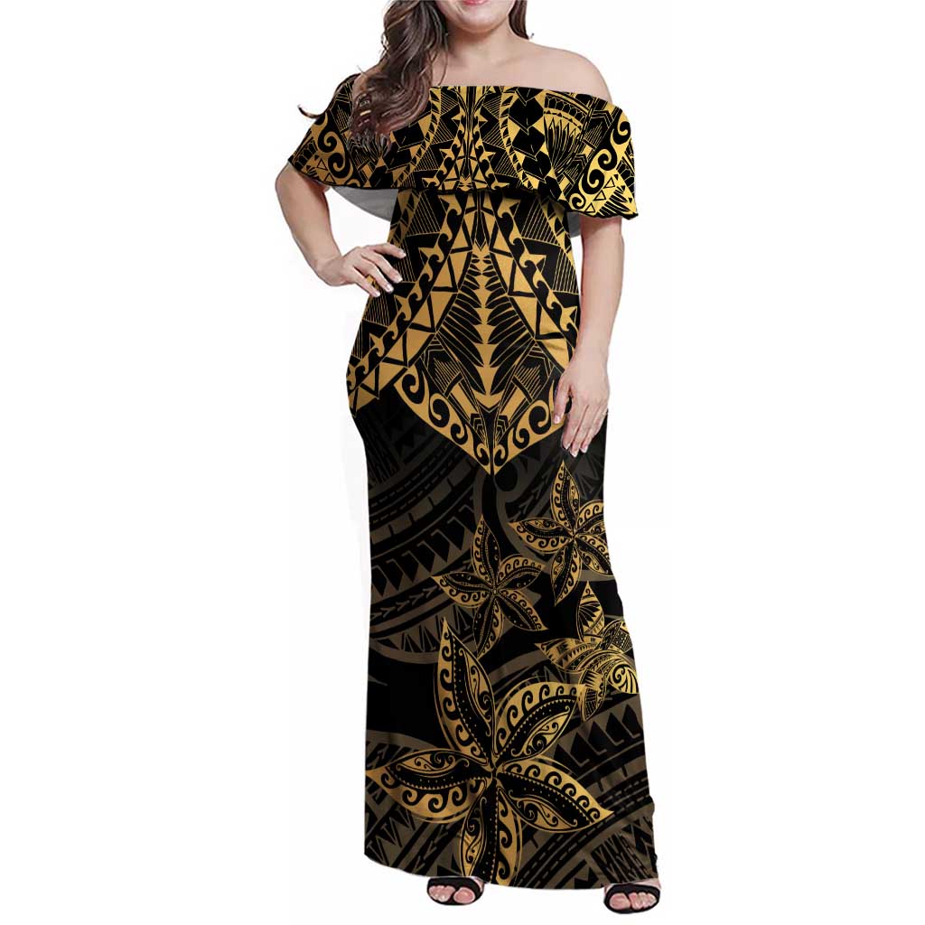 Black and Gold Polynesia Family Matching Off Shoulder Maxi Dress and Hawaiian Shirt Plumeria Tattoo With Polynesian Pattern LT14 Mom's Dress Black - Polynesian Pride
