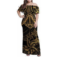 Black and Gold Polynesia Family Matching Off Shoulder Maxi Dress and Hawaiian Shirt Plumeria Tattoo With Polynesian Pattern LT14 Mom's Dress Black - Polynesian Pride