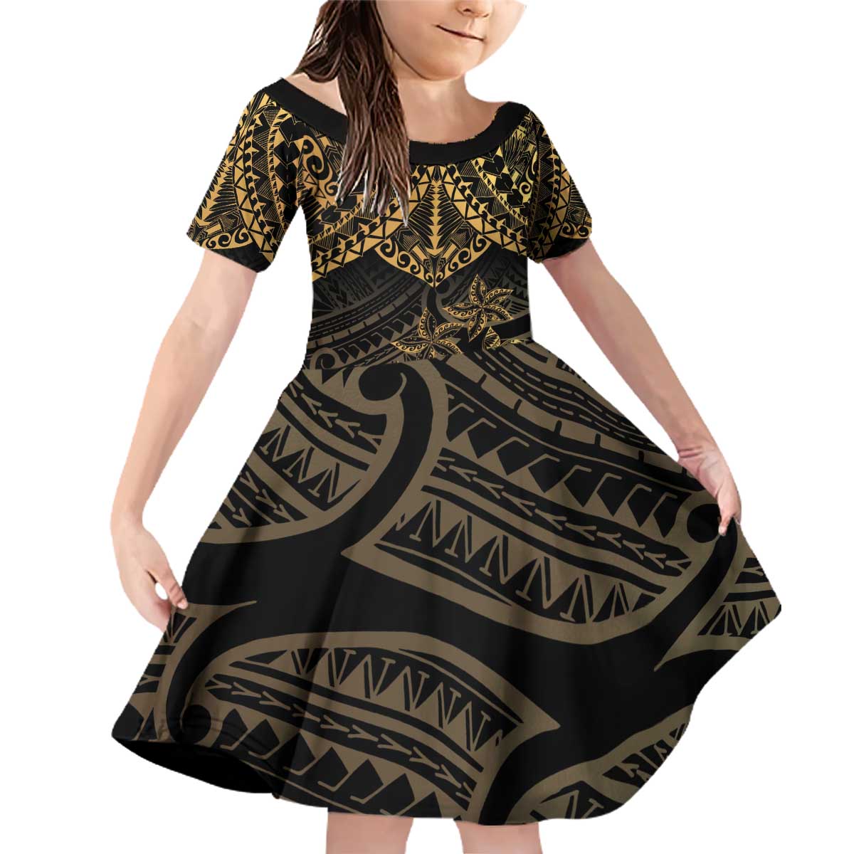 Black and Gold Polynesia Family Matching Off Shoulder Short Dress and Hawaiian Shirt Plumeria Tattoo With Polynesian Pattern LT14 Daughter's Dress Black - Polynesian Pride