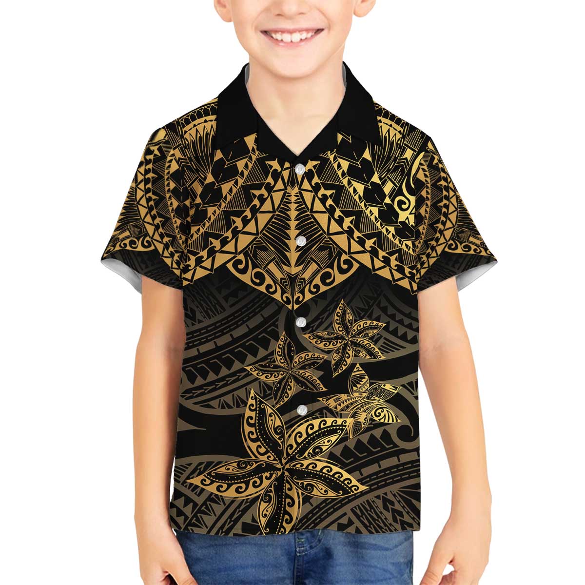 Black and Gold Polynesia Family Matching Off Shoulder Short Dress and Hawaiian Shirt Plumeria Tattoo With Polynesian Pattern LT14 Son's Shirt Black - Polynesian Pride